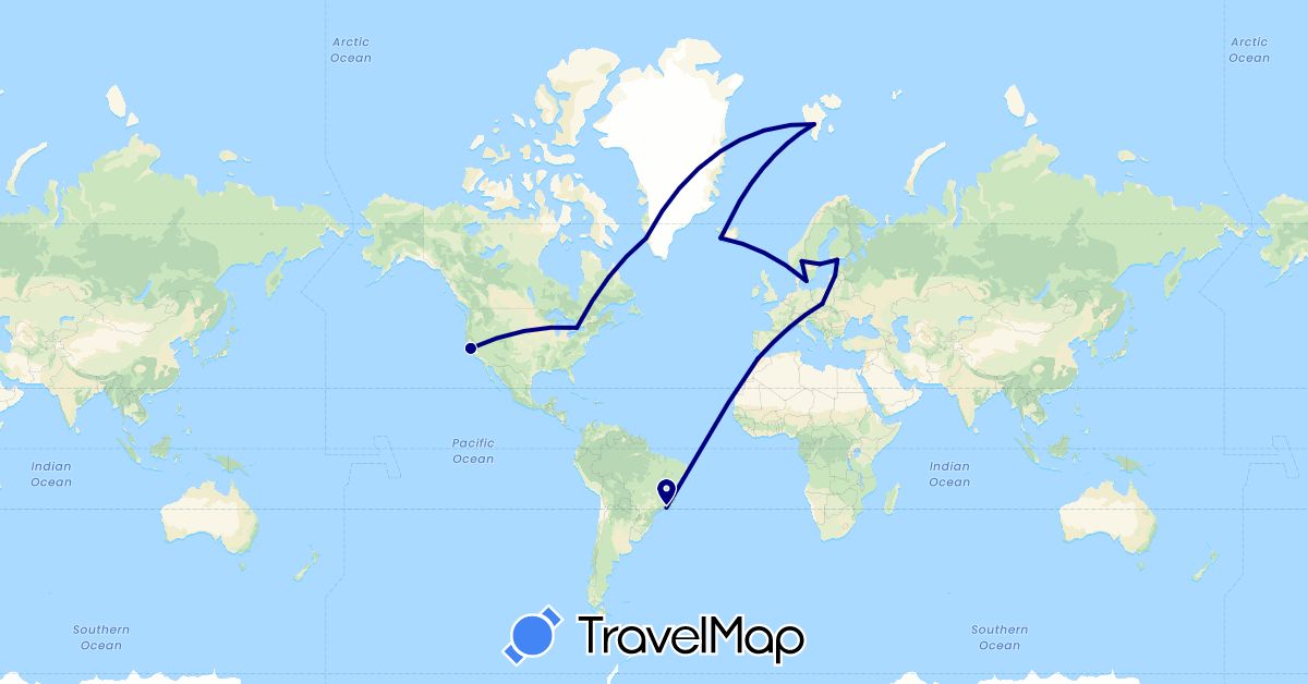 TravelMap itinerary: driving in Brazil, Canada, Denmark, Estonia, Finland, Greenland, Iceland, Latvia, Morocco, Norway, Poland, Sweden, United States (Africa, Europe, North America, South America)